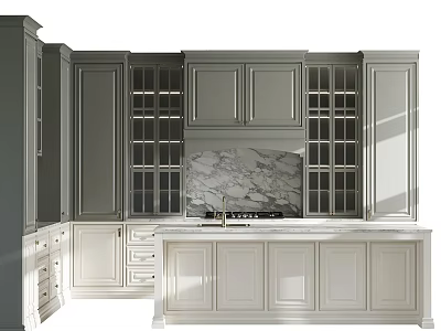 Modern Kitchen Featuring Gray And White Cabinets With Glass Doors And Marble Island Countertop 3d model