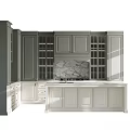 Modern Kitchen Featuring Gray And White Cabinets With Glass Doors And Marble Island Countertop