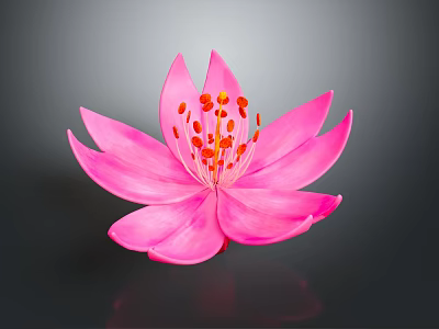 Pink Flower With Large Petals And Orange Stamens On Dark Background With Reflection 3d model