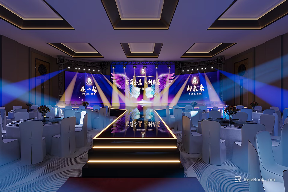 Elegant Ballroom Interior With Stage Lighting White Seats And Decorative Carpet 3d model 