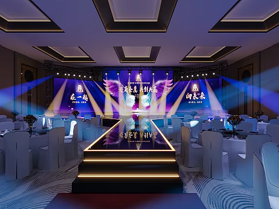 Elegant Ballroom Interior With Stage Lighting White Seats And Decorative Carpet 3d model