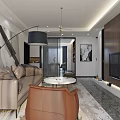 Modern Living and Dining Room Interior With Brown Sofa Round Coffee Table and Abstract Painting
