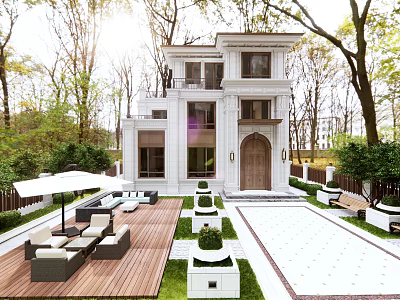 Elegant Detached Villa With Wooden Deck Outdoor Sofas White Umbrella And Lawn Surrounded By Trees 3d model