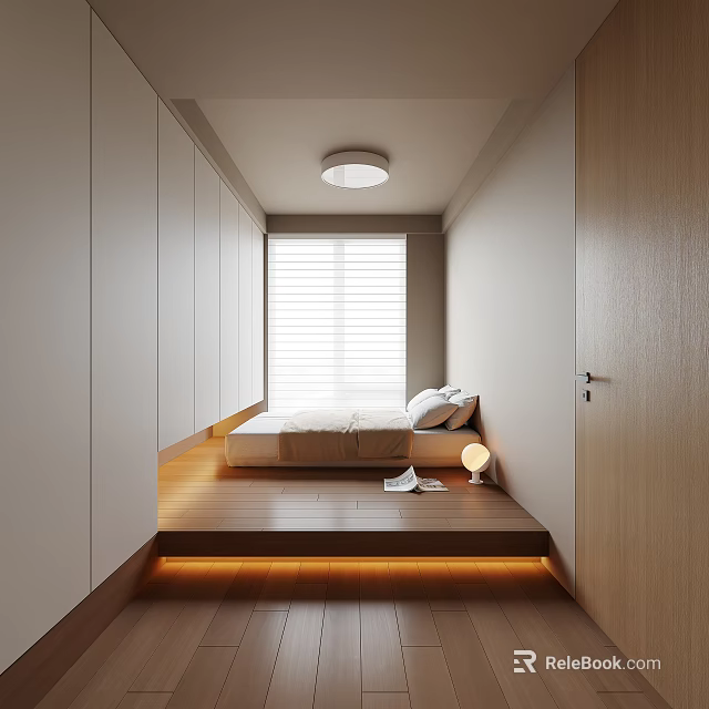 Modern Tatami Bedroom Interior Design With Wooden Platform Bed Built in Storage And Window Blinds 3d model 