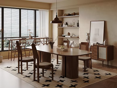 Modern Wooden Dining Table Set with Chairs in Cozy Living Space Featuring Window Blinds Pendant Light and Patterned Rug 3d model