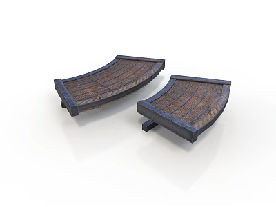 Pair of Curved Wooden Footstools With Dark Frame And Striped Surface 3d model