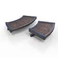 Pair of Curved Wooden Footstools With Dark Frame And Striped Surface