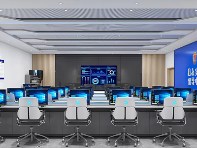 Modern Monitoring Room Design With Multiple Computer Monitors Control Consoles And Data Visualization Screens 3d model