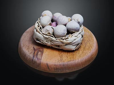 Fresh Garlic Bulbs in Wicker Basket on Wooden Cutting Board Against Black Background 3d model