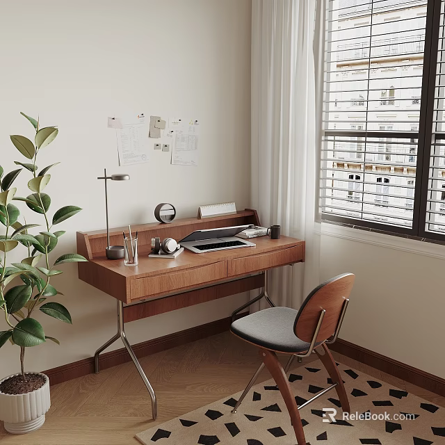 Modern Walnut Desk With Desk Lamp Laptop Stationery Near Window Chair And Green Plant 3d model 