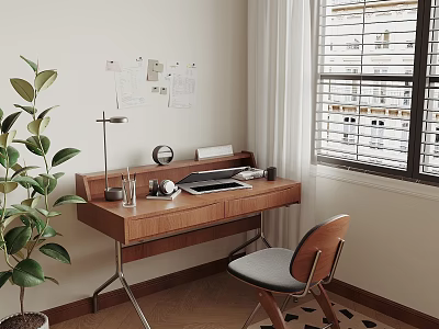 Modern Walnut Desk With Desk Lamp Laptop Stationery Near Window Chair And Green Plant 3d model