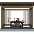 Traditional Chinese Garden Pergola With Wooden Frame Lattice Roof And Tea Table Setup