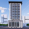 Modern High Rise Office Building Featuring Glass Facade And Green Tree Surroundings 3d model