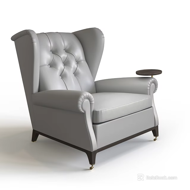 Gray Leather Single Seater Sofa With Tufted Back Rolled Arms And Attached Side Table 3d model