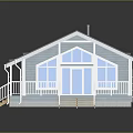 Light Blue Wooden House With Gray Roof White Railings Porch Steps And Windows