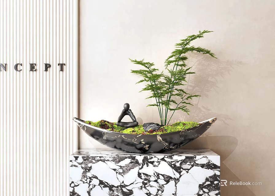 Bonsai Plant in Black Marble Bowl with Green Fern and Yoga Figurine on Marble Countertop 3d model 