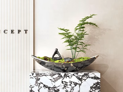 Bonsai Plant in Black Marble Bowl with Green Fern and Yoga Figurine on Marble Countertop 3d model