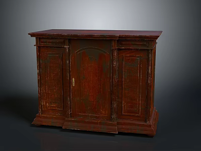 Vintage Three Door Wooden Cabinet With Carved Details And Dark Brown Finish 3d model