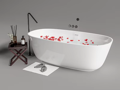 White Oval Bathtub Design With Red Petals Aromatherapy Side Table And Slipper Mat 3d model