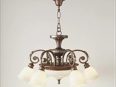 Elegant Vintage Bronze Chandelier With Scrollwork Design And White Glass Shades 3d model