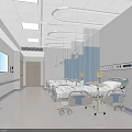 Modern Hospital Ward Interior With Multiple Beds Blue Curtains White Walls And Medical Equipment