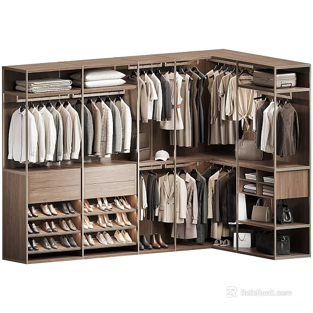 Spacious Wooden Wardrobe Interior With Hanging Clothes Folded Garments Shoes And Bags 3d model 