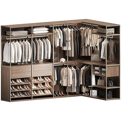 Spacious Wooden Wardrobe Interior With Hanging Clothes Folded Garments Shoes And Bags 3d model
