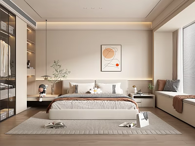 Modern Bedroom Interior With Bed Decorative Painting Nightstand Blinds And Wardrobe 3d model