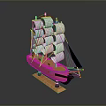 Detailed Wooden Sailboat Model With Multiple White Sails On Black Display Base