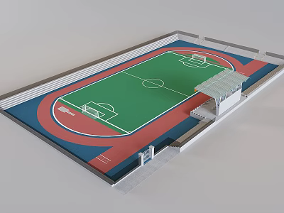 Soccer Field With Green Turf Red Blue Surrounding Stands And Entrance Design 3d model