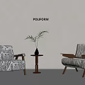 Poliform Living Room Setup With Two Patterned Armchairs Small Round Table And Potted Plant 3d model