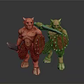 Two Red Skinned Horned Fantasy Creatures With Weapons And Shields 3d model