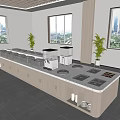 Modern Buffet Counter With Multiple Food Stations Coffee Machine Plants Windows And City View