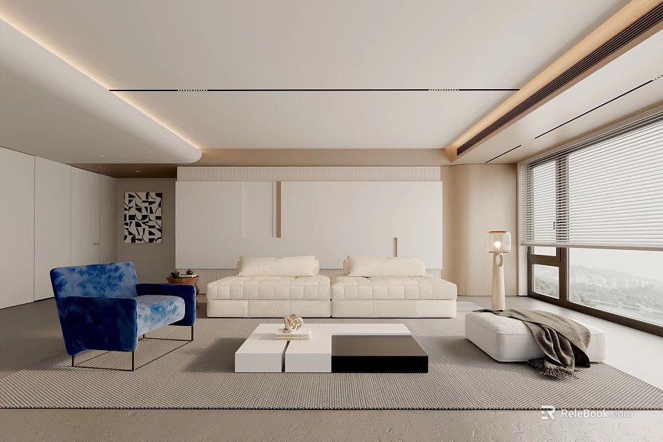 Modern Living Room Interior with White Sofa Blue Accent Chair and Black White Coffee Table 3d model 