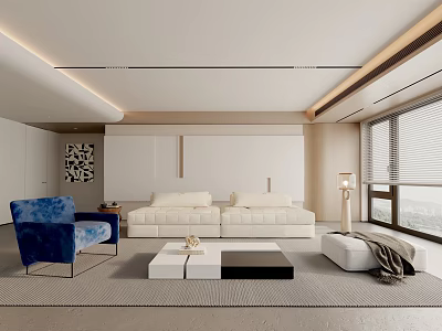 Modern Living Room Interior with White Sofa Blue Accent Chair and Black White Coffee Table 3d model