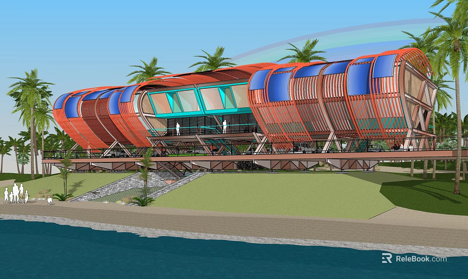 Modern Boutique Hotel Building Featuring Orange Blue Roof Palm Trees And Waterfront View 3d model 