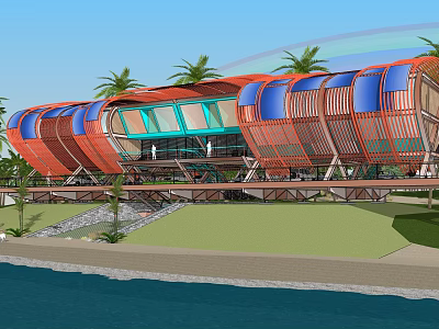 Modern Boutique Hotel Building Featuring Orange Blue Roof Palm Trees And Waterfront View 3d model
