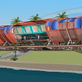 Modern Boutique Hotel Building Featuring Orange Blue Roof Palm Trees And Waterfront View
