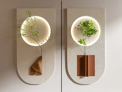 Modern Semicircular Wall Decor with Illuminated Circular Panels Green Plants and Brown Accents 3d model