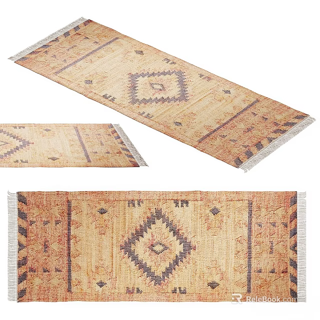 Square Area Rug With Geometric Diamond Pattern Neutral Beige Brown Tones And Fringe Edges 3d model 