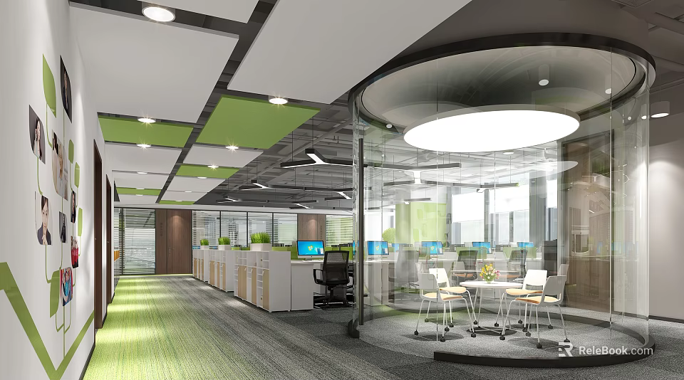 Modern Public Office Area With Open Layout Green Carpet Glass Partitions And Work Desks 3d model 