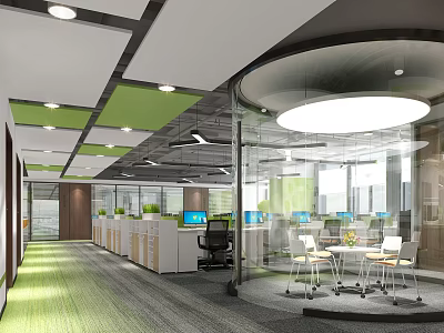 Modern Public Office Area With Open Layout Green Carpet Glass Partitions And Work Desks 3d model