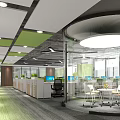 Modern Public Office Area With Open Layout Green Carpet Glass Partitions And Work Desks
