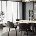 Modern Restaurant Interior With Round Dining Table Gray Chairs Chandelier And Open Kitchen