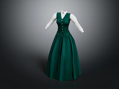 Emerald Green Long Dress With V-neck Sleeveless Design And Button Details 3d model
