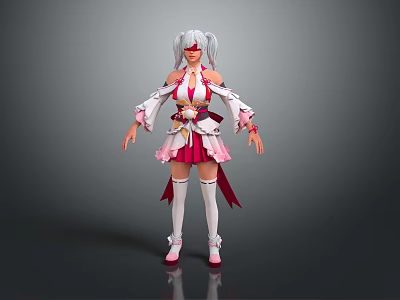 Anime Style Game and Movie Character With Silver White Hair Pink White Off Shoulder Outfit 3d model