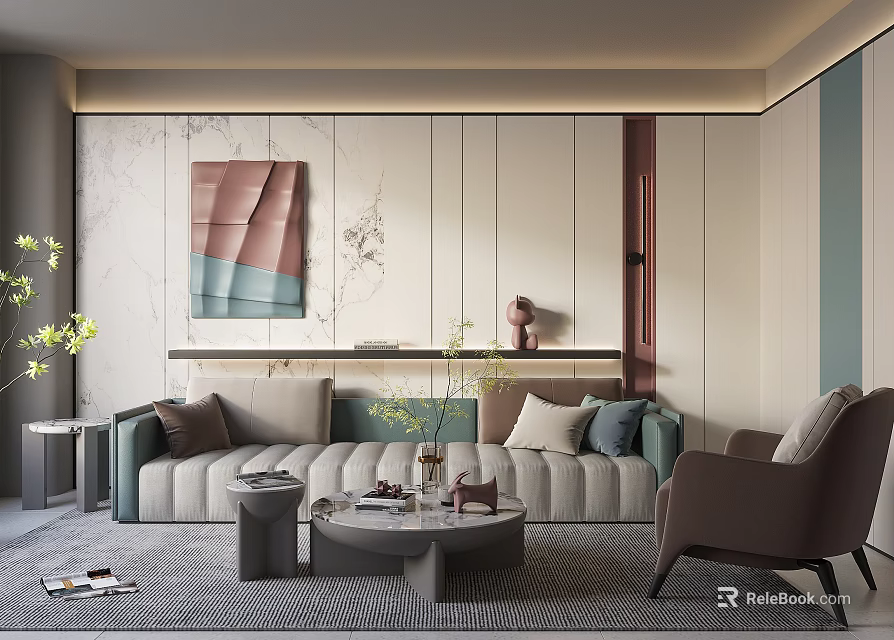 Modern Living Room Interior With Comfortable Sofa Decorative Painting Coffee Table And Area Rug 3d model 