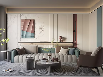 Modern Living Room Interior With Comfortable Sofa Decorative Painting Coffee Table And Area Rug 3d model