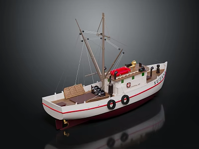 Classic Wooden Boat Model With White Deck Mast Lifebuoy Ropes And Cabin 3d model
