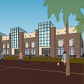 Modern Multistory Building Exterior With Brick Glass Facade Large Windows And Palm Trees